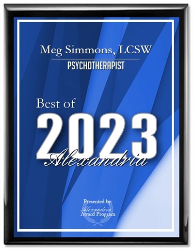 Best of Alexandria 2023 award plaque — Meg Simmons, LCSW, Psychotherapist